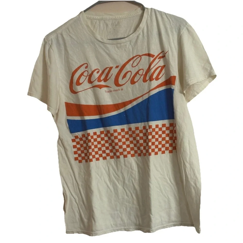 Coca Cola Coke T-SHIRT Retro checkered Mens sz Med 36"‎ Logo Tee White Red Blue - Picture 2 of 5
